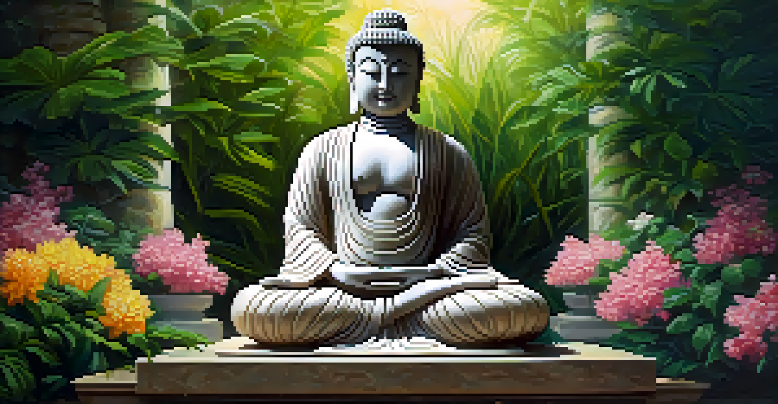 A stone carving of a serene Buddha figure in meditation, surrounded by greenery and colorful flowers, illuminated by soft sunlight.