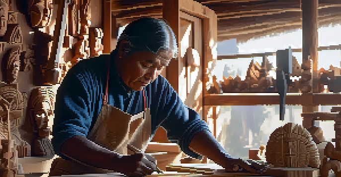 An Indigenous artisan skillfully carving a wooden sculpture in a sunlit workshop, surrounded by tools and wood pieces.