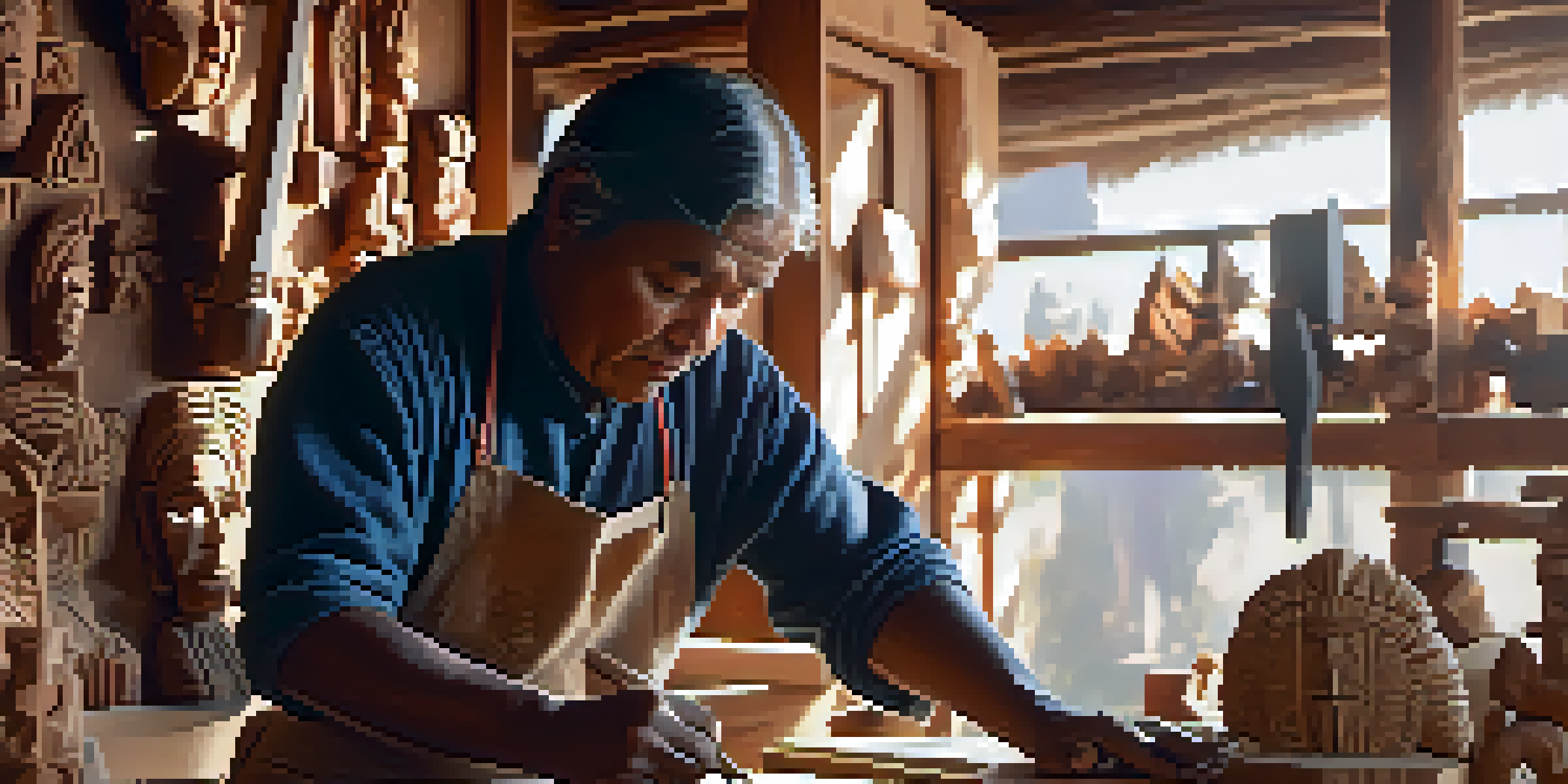 An Indigenous artisan skillfully carving a wooden sculpture in a sunlit workshop, surrounded by tools and wood pieces.