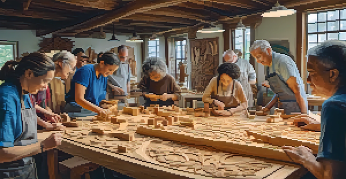 A lively carving workshop with diverse participants learning traditional techniques, surrounded by colorful wood blocks and sunlight illuminating their intricate designs.