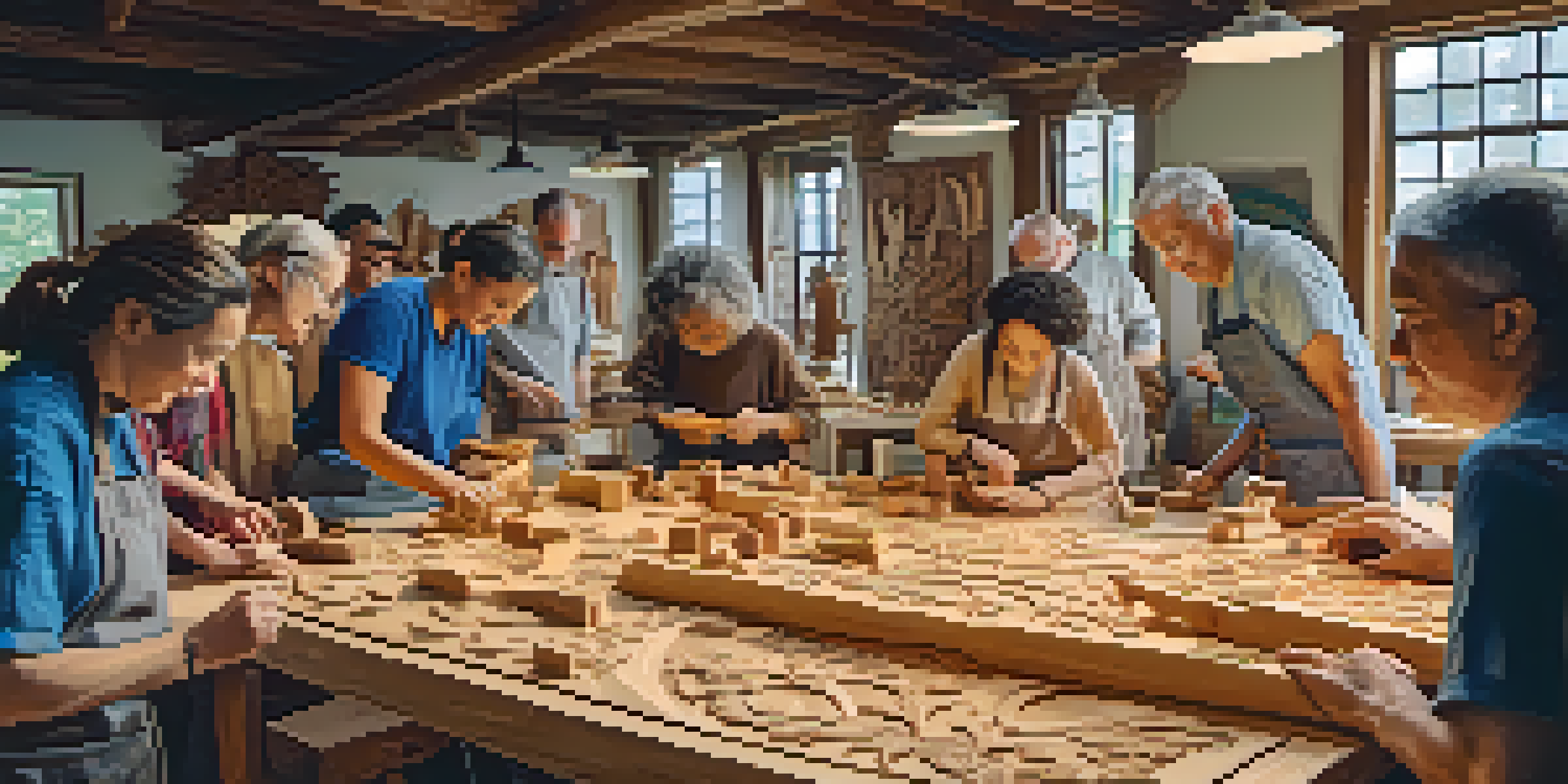 A lively carving workshop with diverse participants learning traditional techniques, surrounded by colorful wood blocks and sunlight illuminating their intricate designs.