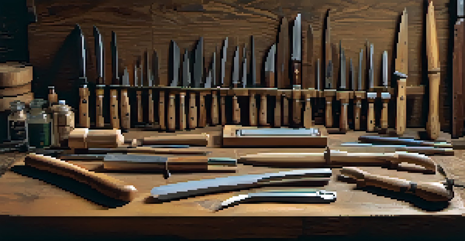 An assortment of carving tools on a rustic wooden table, illuminated by overhead light, showcasing their textures.