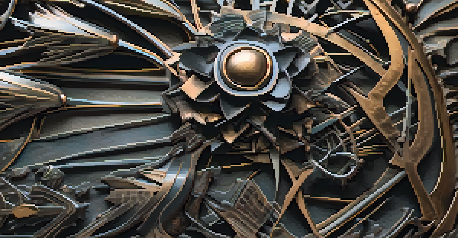 A close-up of a detailed sculpture created from metal scraps, with intricate textures and warm ambient lighting highlighting its features.