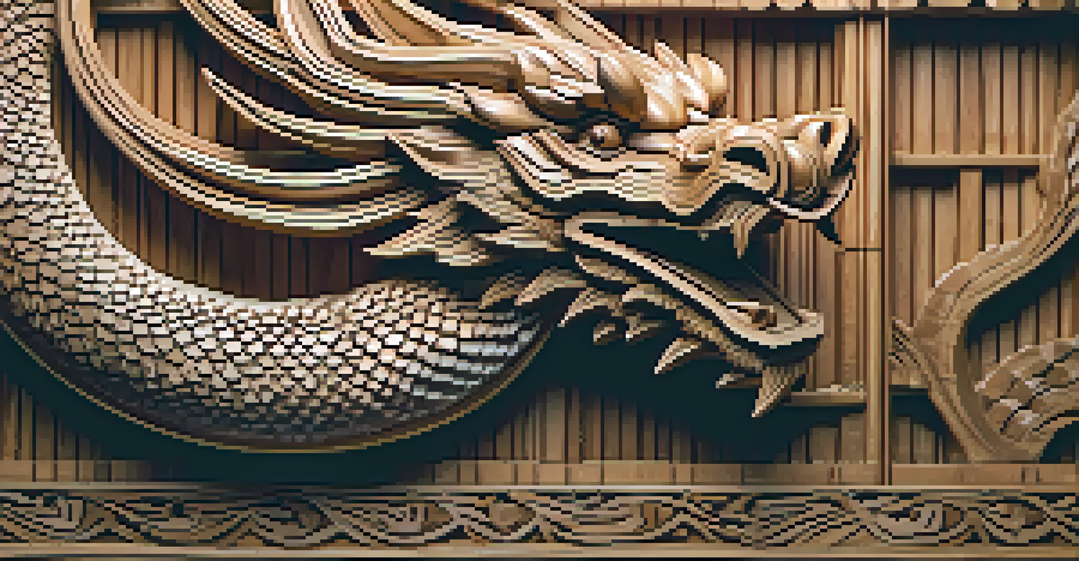 Close-up of an intricately carved wooden dragon sculpture with detailed scales and warm lighting.