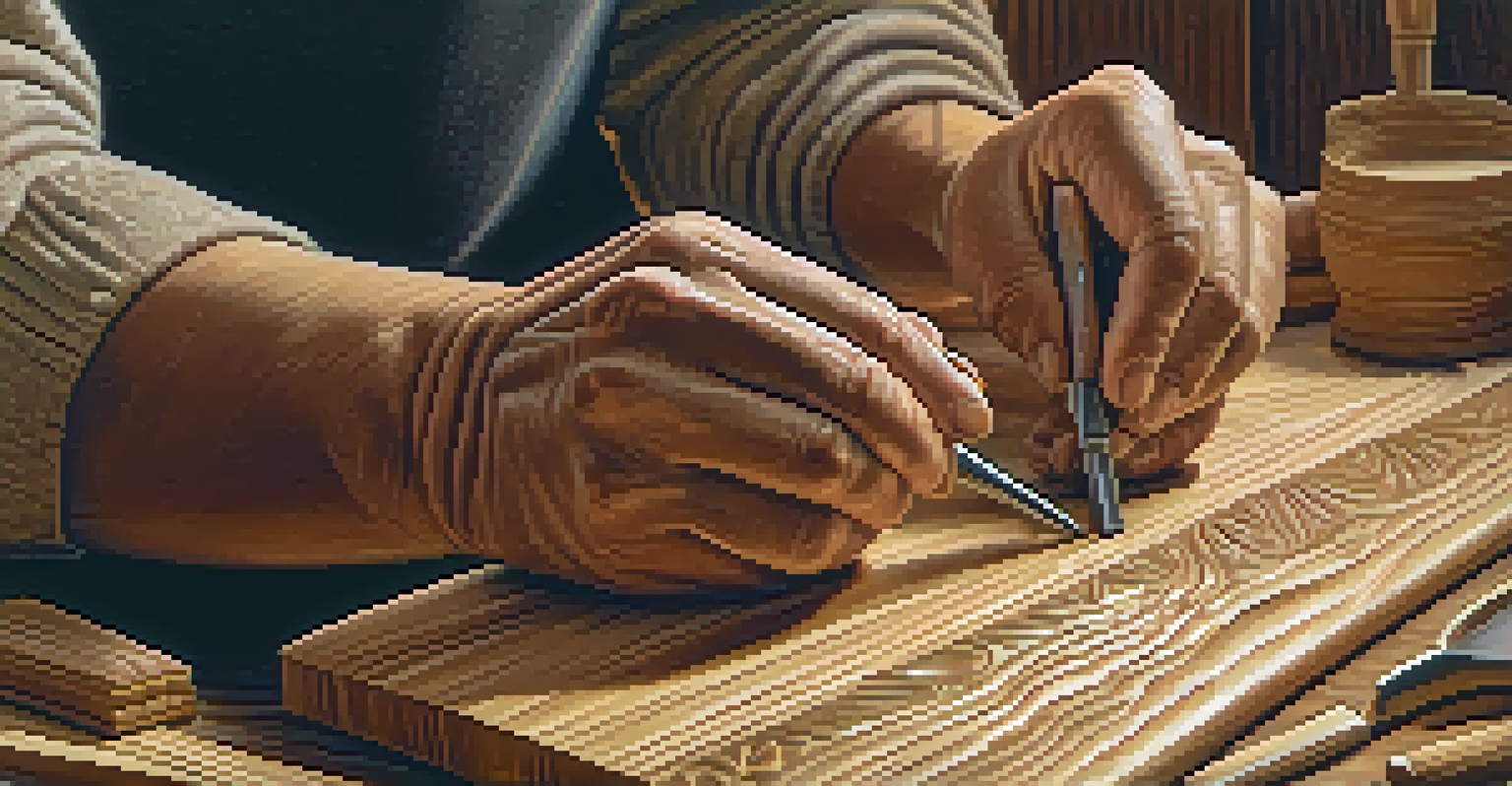 Close-up of hands carving wood, focusing on the intricate details and textures of the wood and tools.