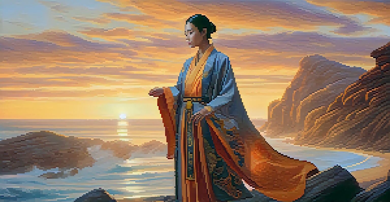 An elegant character inspired by Eastern mythology, wearing a flowing robe with carvings, stands on a cliff at sunset.