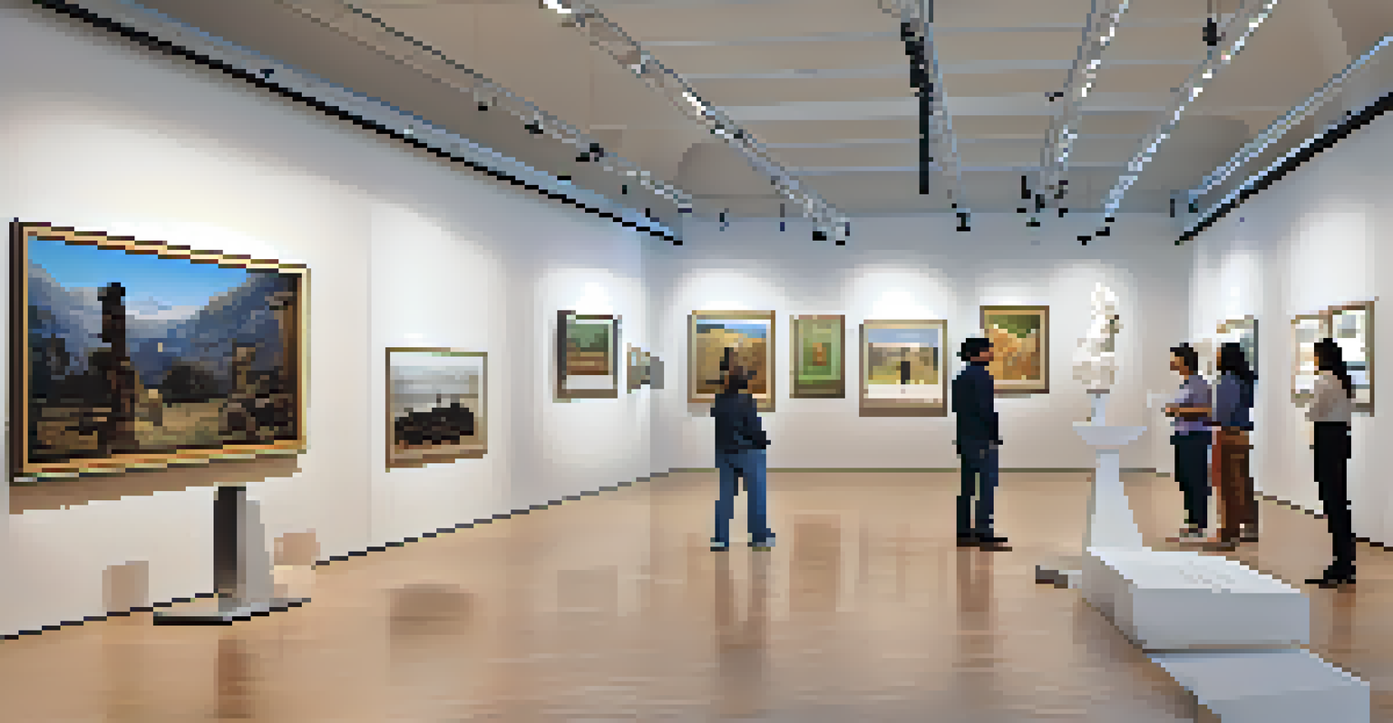 An exhibition hall with traditional sculptures and digital displays of 3D scanned models, with visitors engaging with the art.