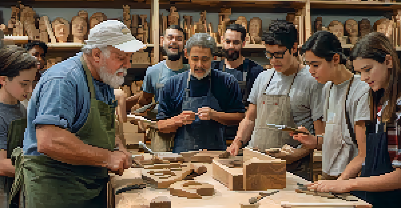 An artisan teaching students carving techniques in a workshop, surrounded by tools and finished carvings.