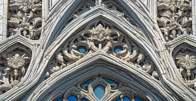 Close-up view of detailed Gothic architectural carvings with gargoyles and floral designs, illuminated by soft light against a blue sky.