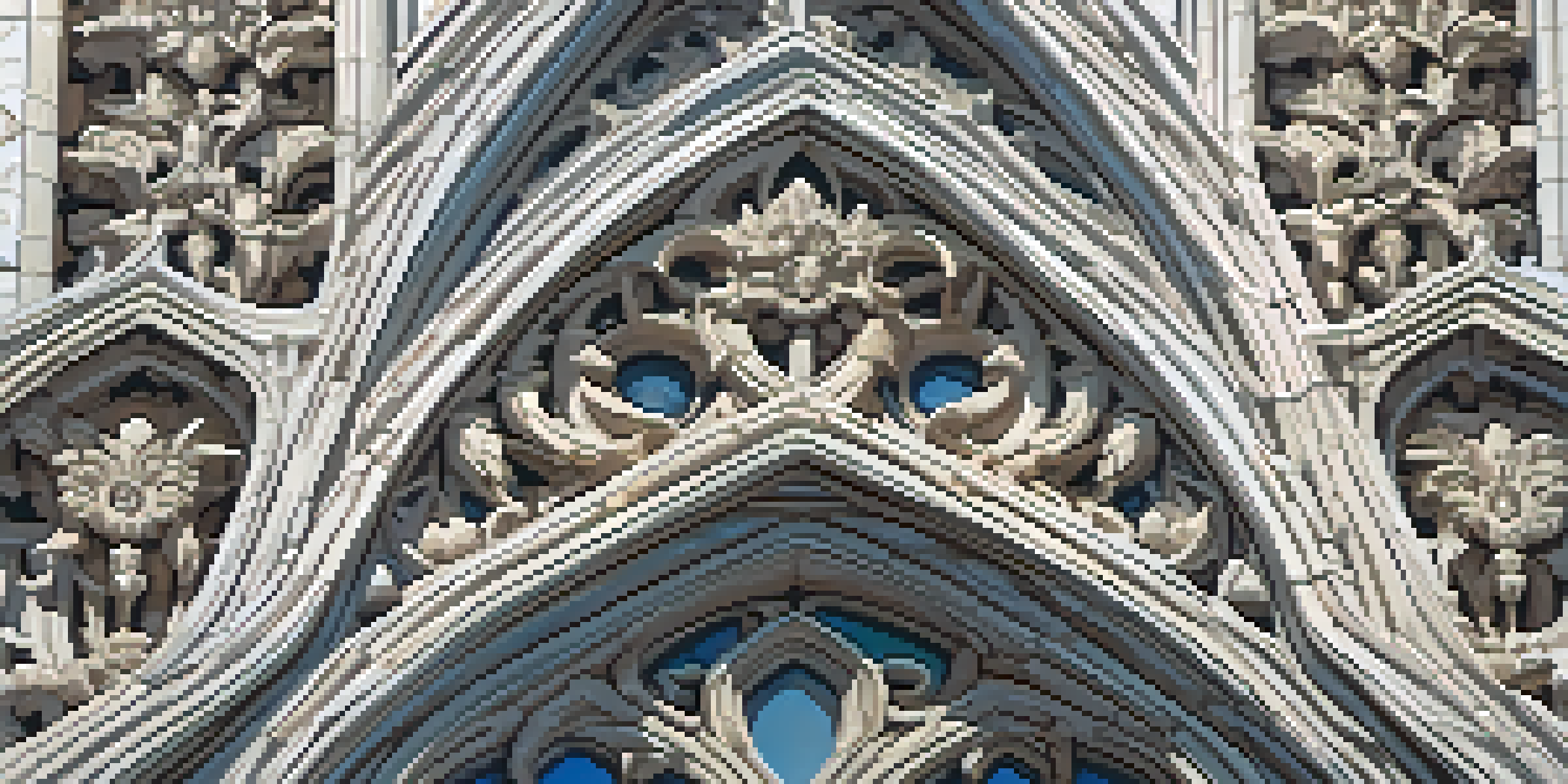 Close-up view of detailed Gothic architectural carvings with gargoyles and floral designs, illuminated by soft light against a blue sky.