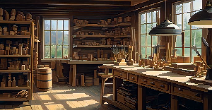 A bright woodworking workshop with shelves of wood, a workbench with carving tools, and a partially carved wooden figure.