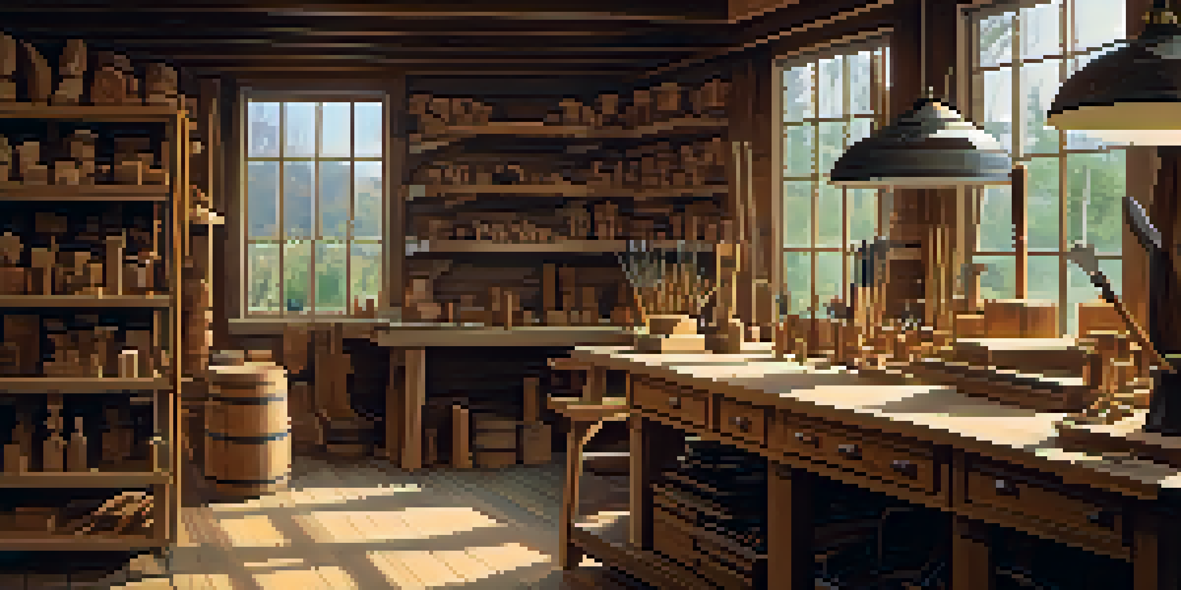A bright woodworking workshop with shelves of wood, a workbench with carving tools, and a partially carved wooden figure.