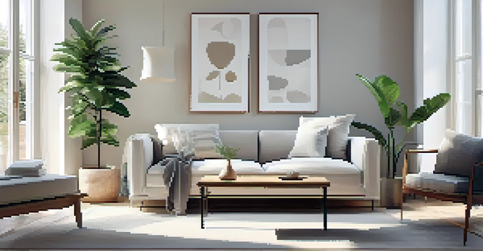A minimalist living room with a light-colored sofa, carved wooden coffee table, large windows, and a potted plant in the corner.