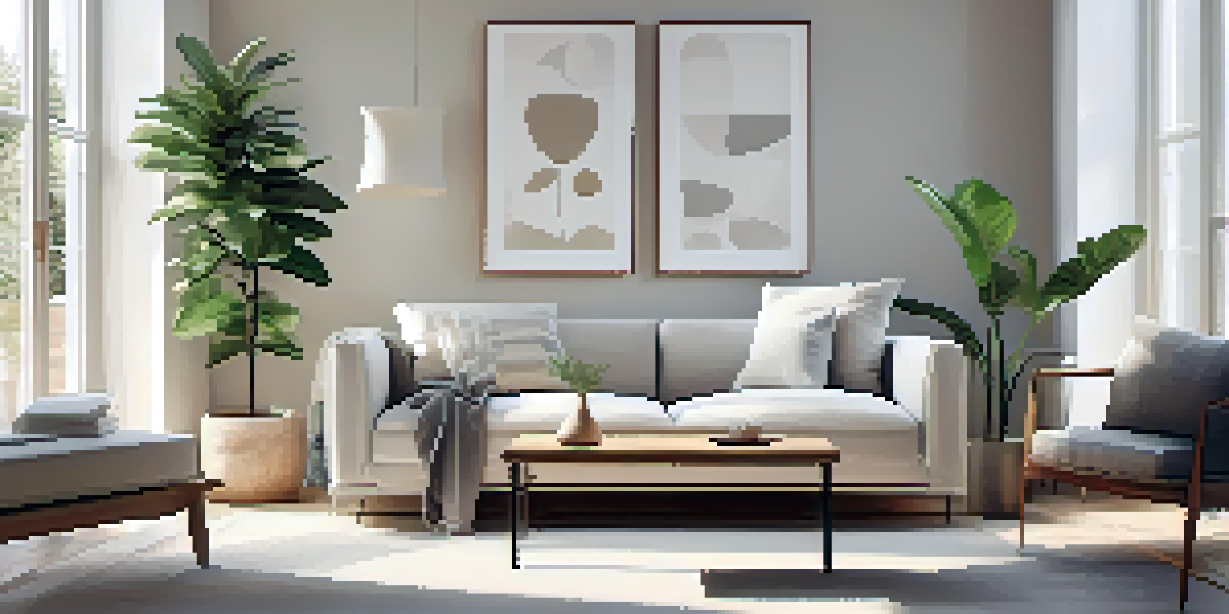 A minimalist living room with a light-colored sofa, carved wooden coffee table, large windows, and a potted plant in the corner.