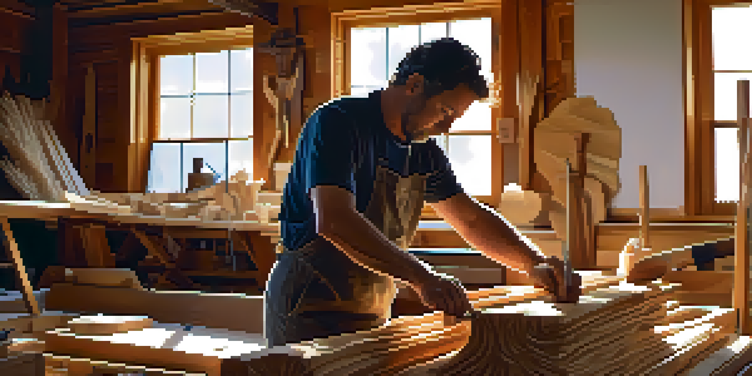 An artist carving a large wooden sculpture in a sunlit workshop, surrounded by tools and wood shavings, with warm light illuminating the scene.