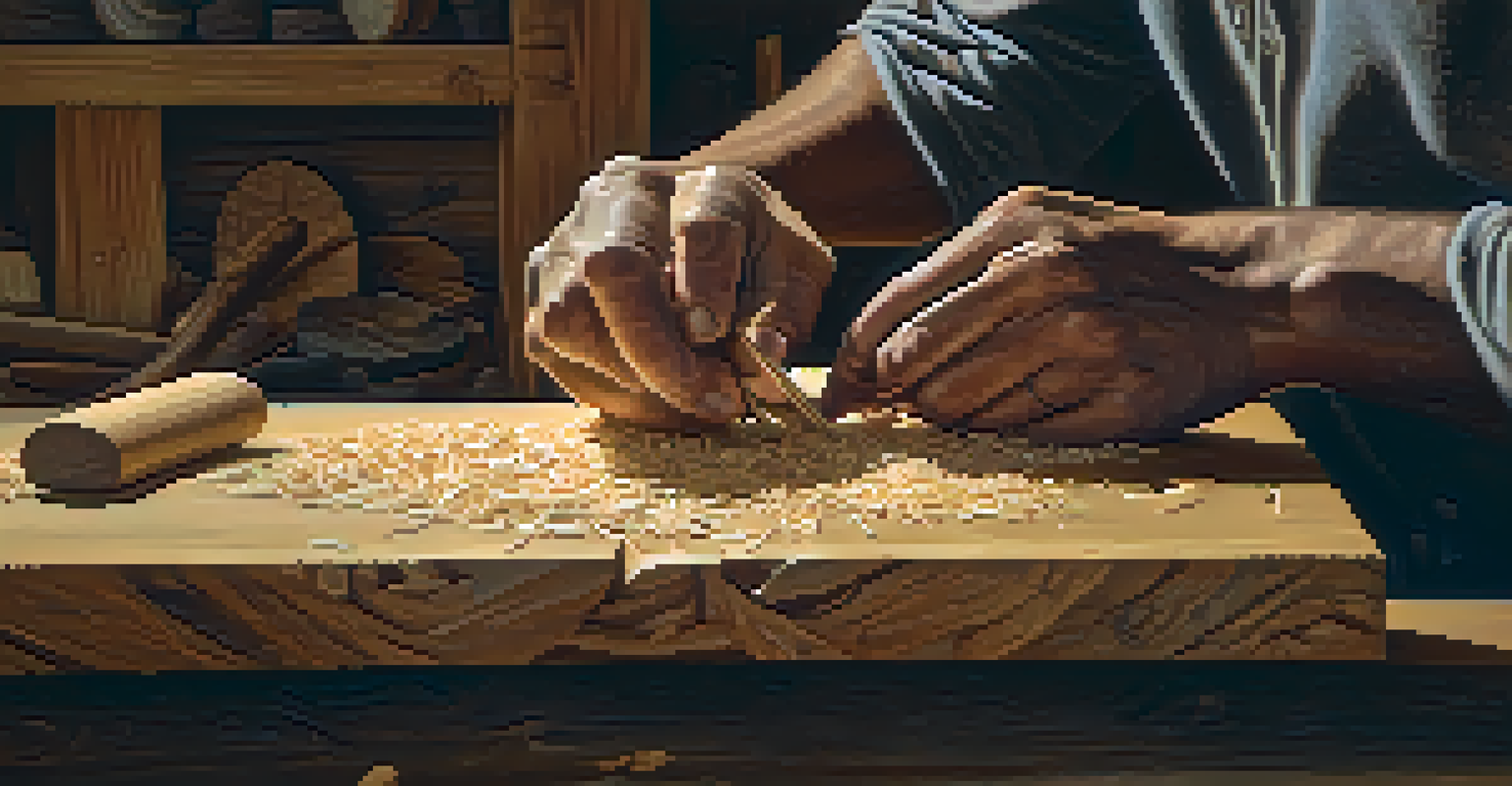 A close-up of an artisan's hands carving wood, showcasing focus and mindfulness, with wood shavings scattered around.