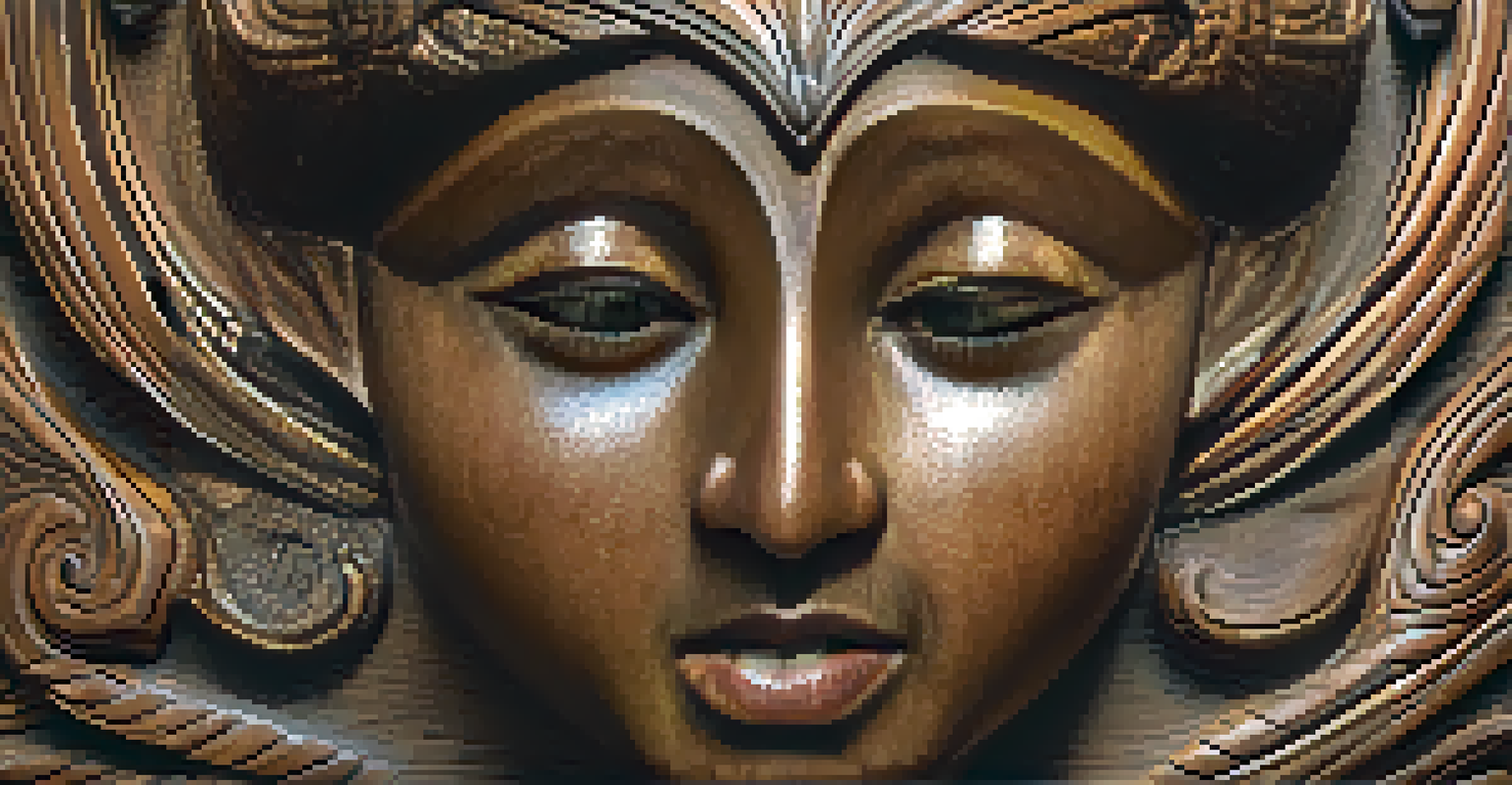 A close-up of a finely carved wooden sculpture with intricate details, illuminated by soft lighting against a rustic background.
