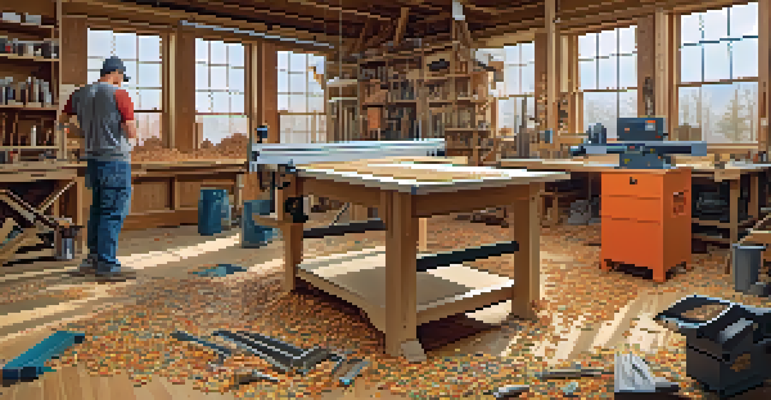 A modern carving workshop showcasing advanced power tools and an artist operating a CNC machine, surrounded by colorful wood shavings.