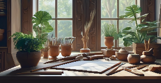A calm carving workspace with soft lighting, featuring a wooden table and neatly arranged carving tools, surrounded by plants and natural materials.