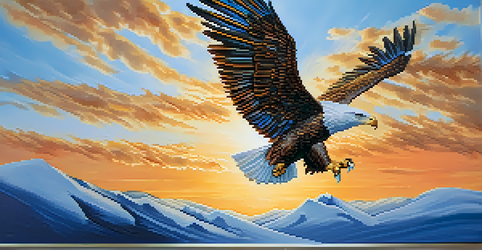 A soaring eagle sculpture made from resin, depicted against a blue sky with sunlight highlighting its glossy feathers.