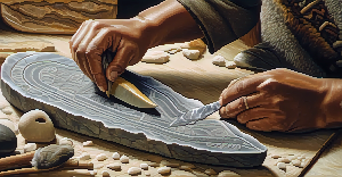 An Inuit carver concentrating on a stone carving, with traditional tools and materials visible, illuminated by warm natural light.
