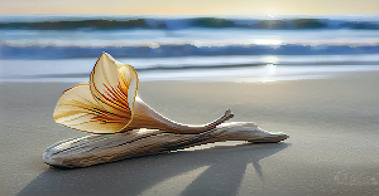 A close-up of a driftwood flower sculpture placed on a sandy beach with ocean waves in the background.