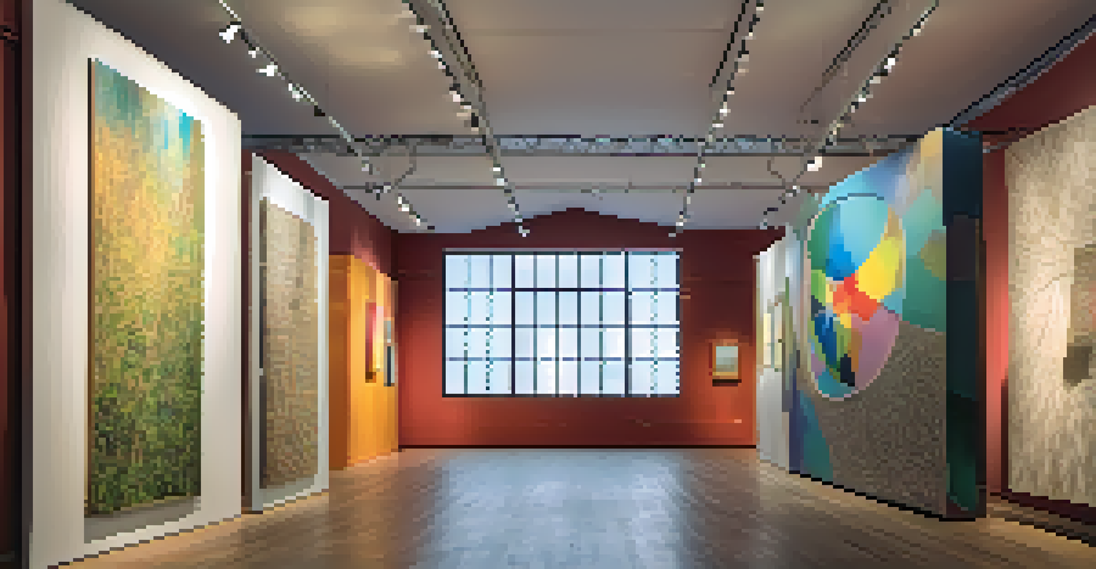 An art exhibition featuring artworks created from recycled materials, illuminated by soft lighting, inviting viewers to engage with the pieces.