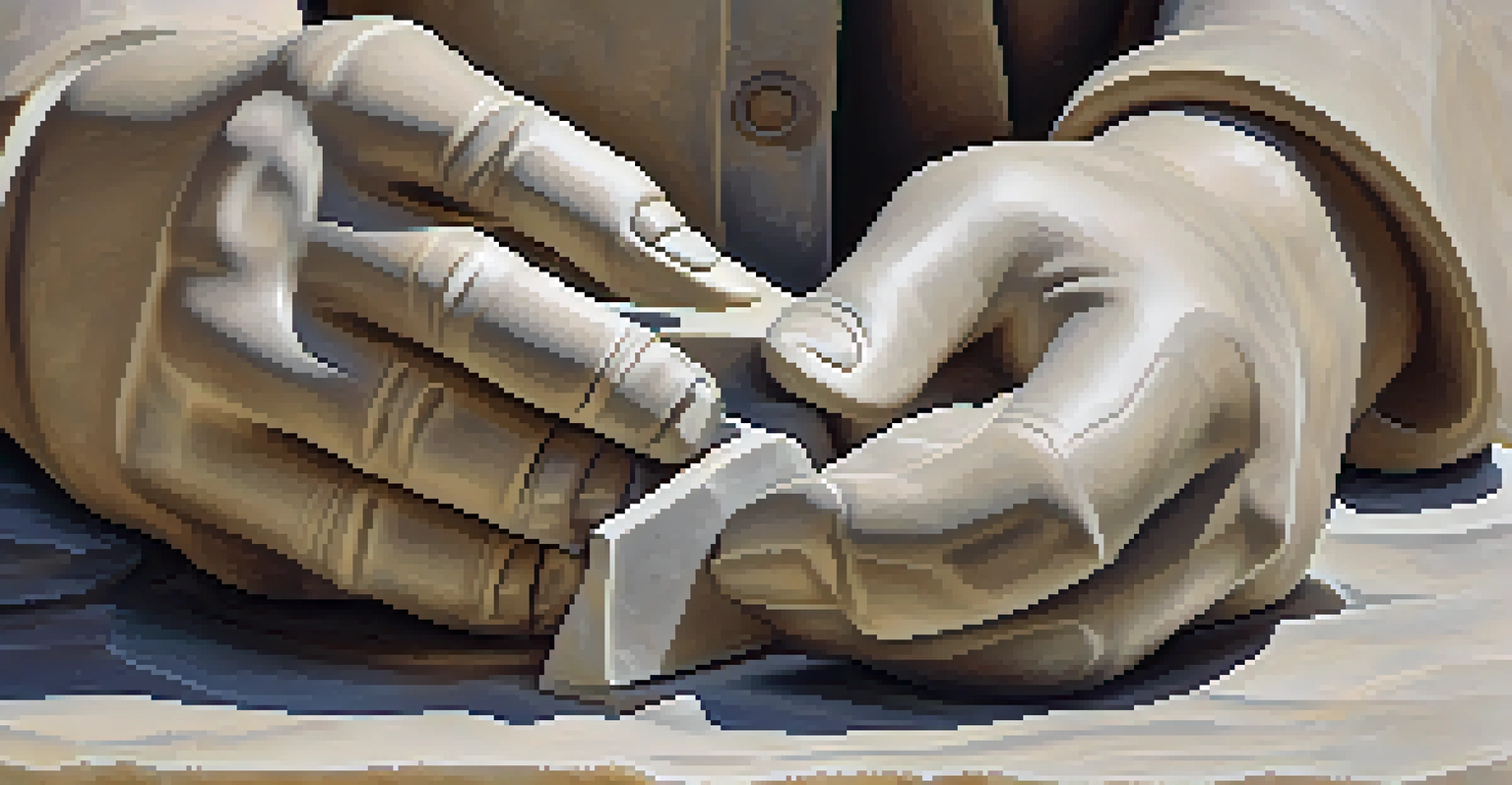 A close-up of hands chiseling soapstone with tools and stone dust visible.