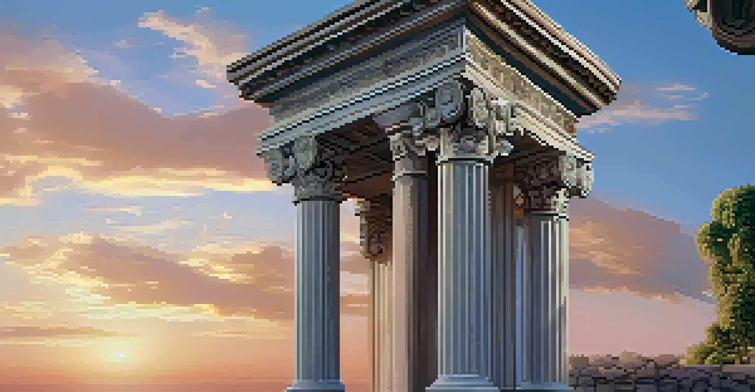 An elegant Roman architectural fragment of a carved column with acanthus leaves against a sunset sky, showcasing the stone textures and intricate designs.