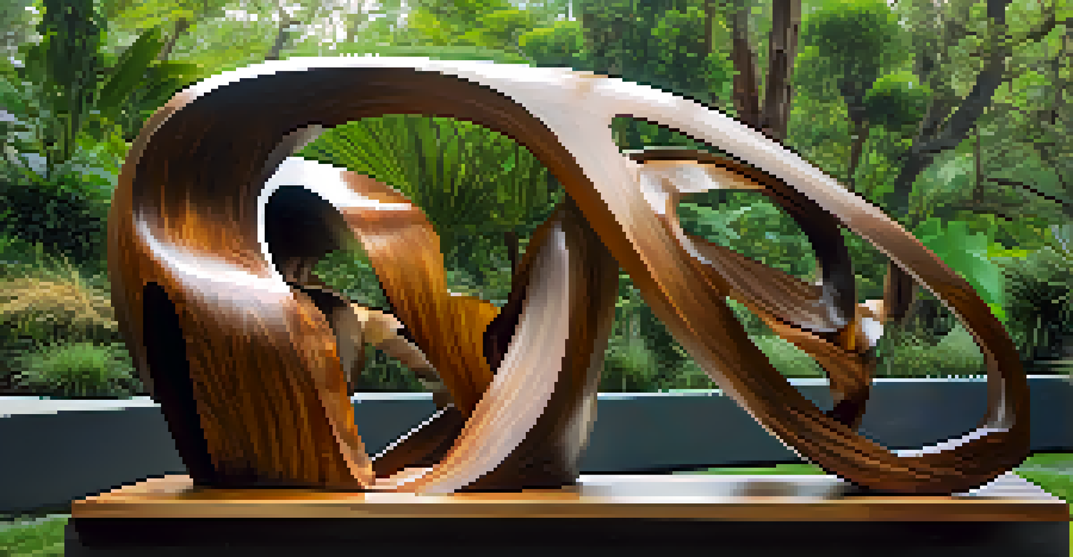 A wooden and metal sculpture in a green outdoor space.