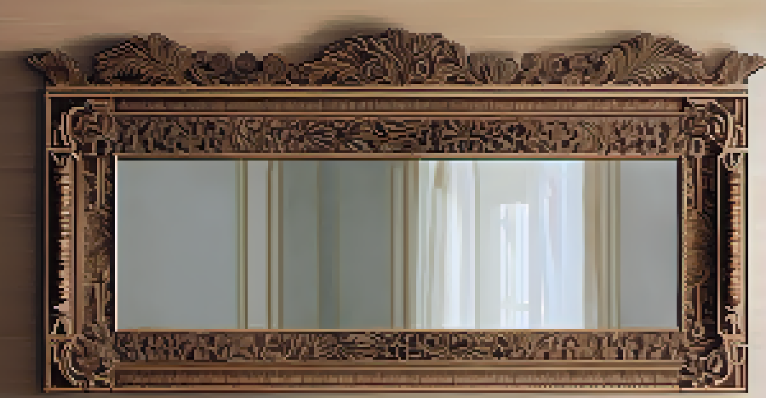 A close-up of a vintage carved wooden mirror with intricate details, reflecting warm light.