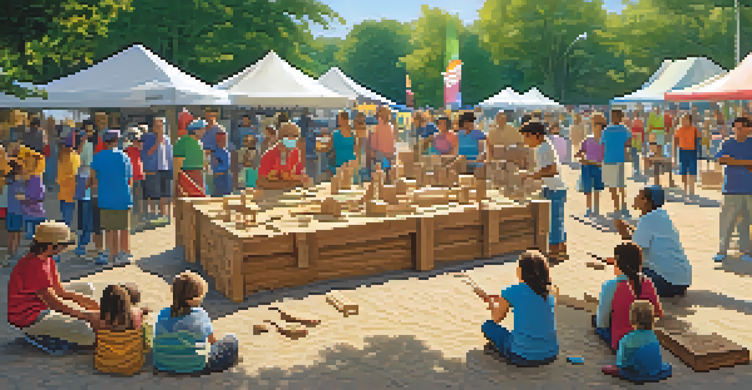 Community members participating in a collaborative outdoor carving event, with children and families working on wooden projects around a large sculpture.