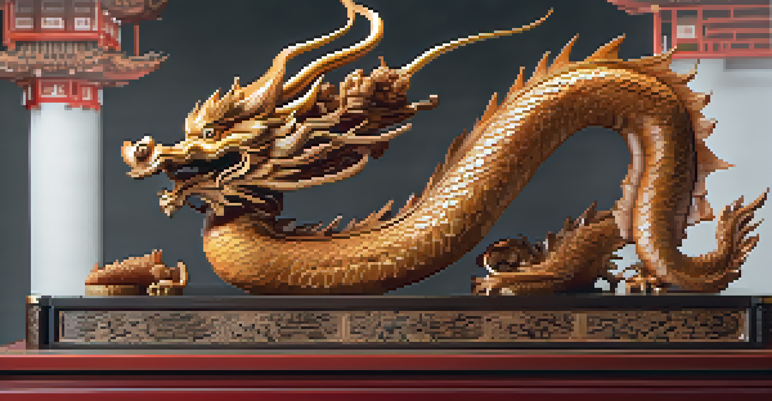 An intricately carved wooden dragon sculpture on a pedestal with decorative elements in the background.