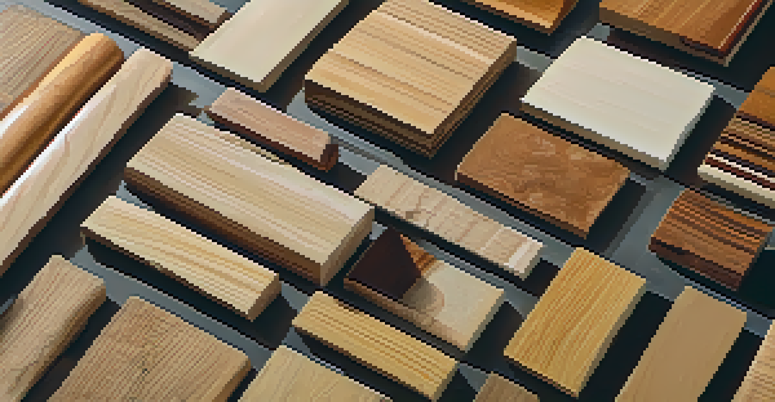 A selection of wood samples with various grain patterns on a workbench, accompanied by carving tools, illuminated by natural light.