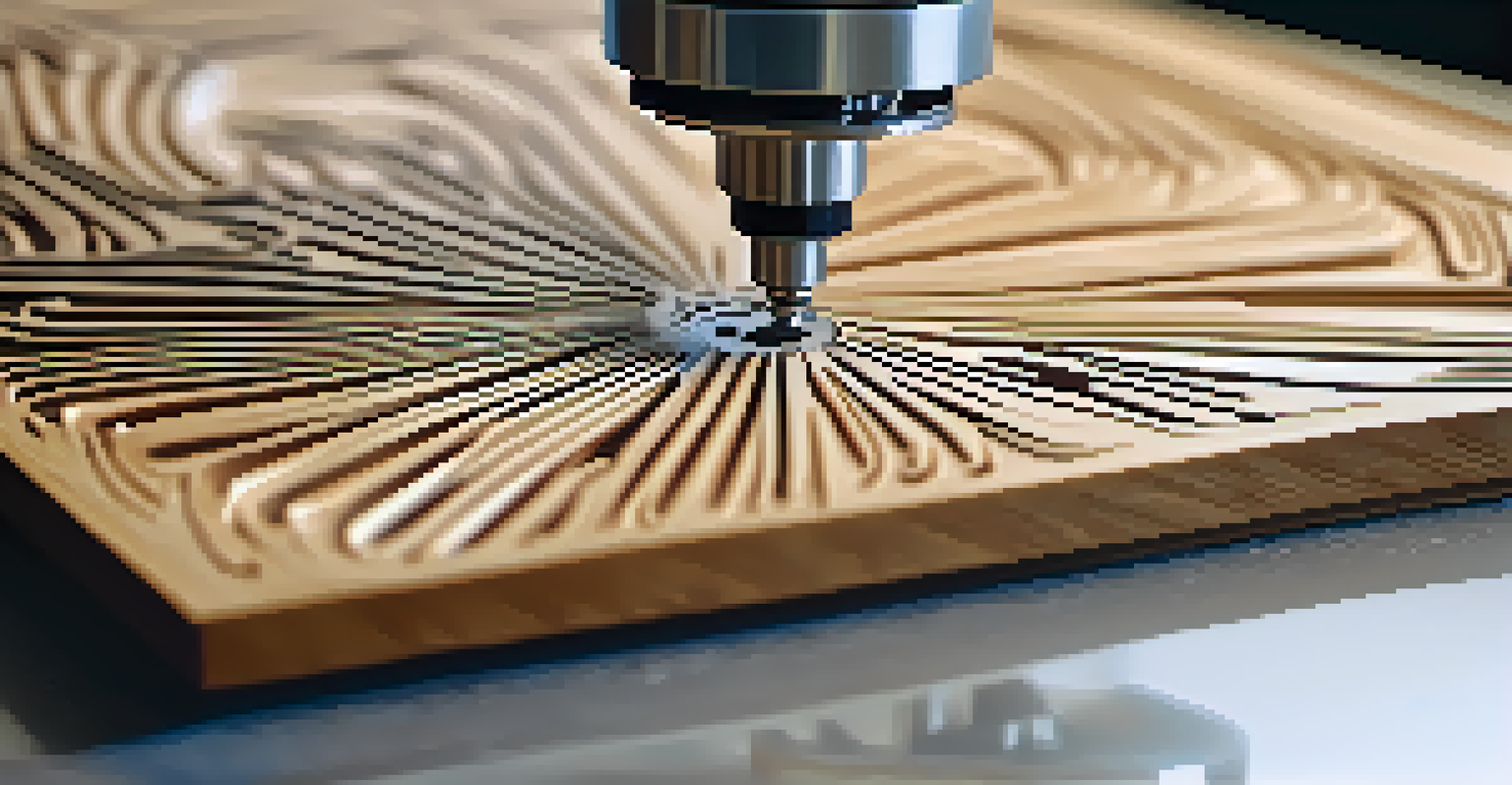 A close-up of a CNC machine carving intricate designs into wood, showcasing modern technology in art.
