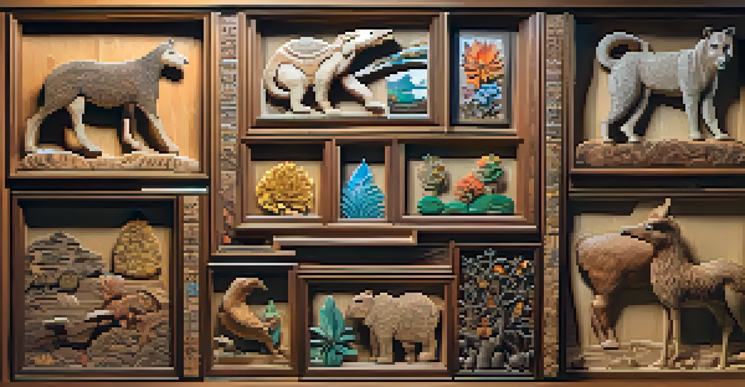 A colorful display of various carving artworks on a wooden wall, highlighting different styles and textures.