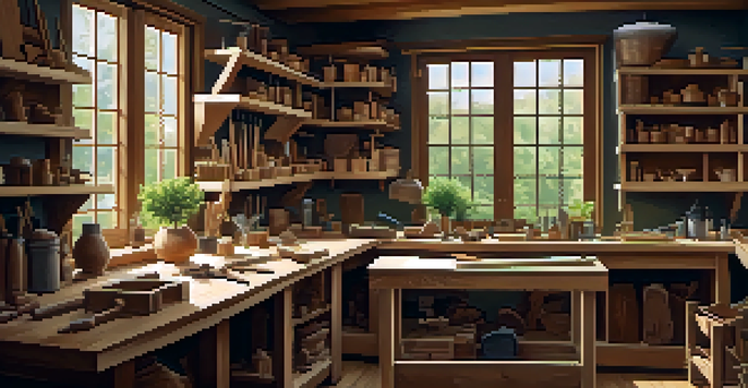 A woodworking workshop with an artisan shaping wood at a workbench, surrounded by tools and completed projects, illuminated by warm natural light.