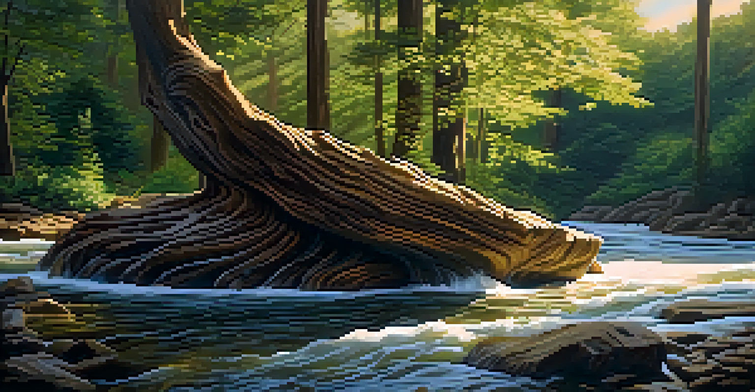 A wooden sculpture of a flowing river carved into a tree stump, surrounded by greenery and illuminated by golden hour sunlight.