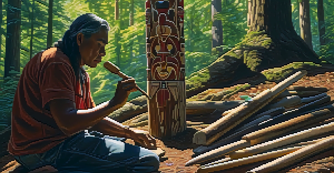 An Indigenous artist carving a wooden totem pole in a sunlit forest, showcasing intricate designs and traditional tools.