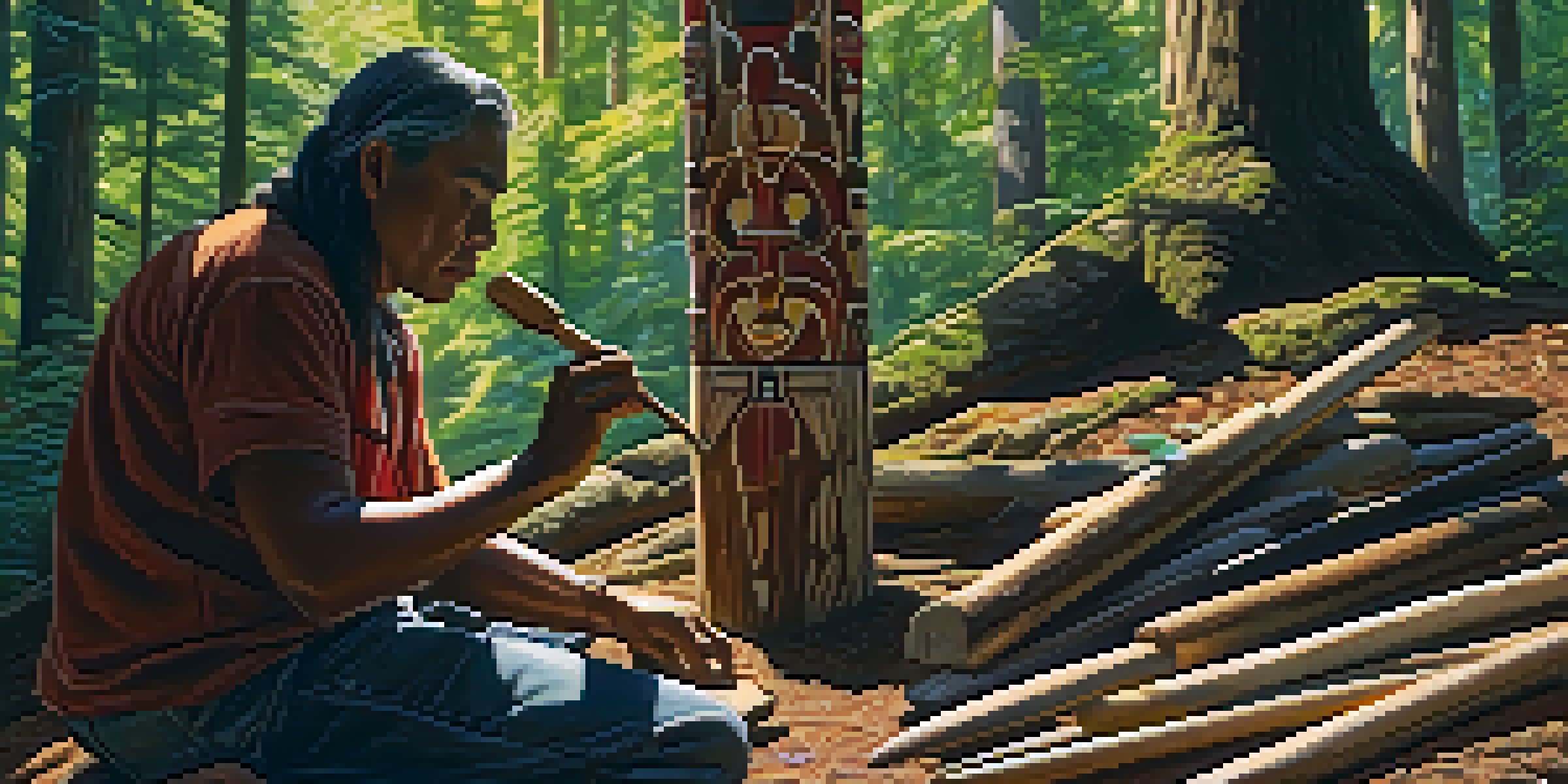 An Indigenous artist carving a wooden totem pole in a sunlit forest, showcasing intricate designs and traditional tools.