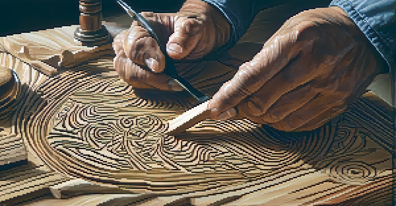 Close-up of an artisan's hands carving patterns into wood, showing the texture and shavings, with a focused expression.