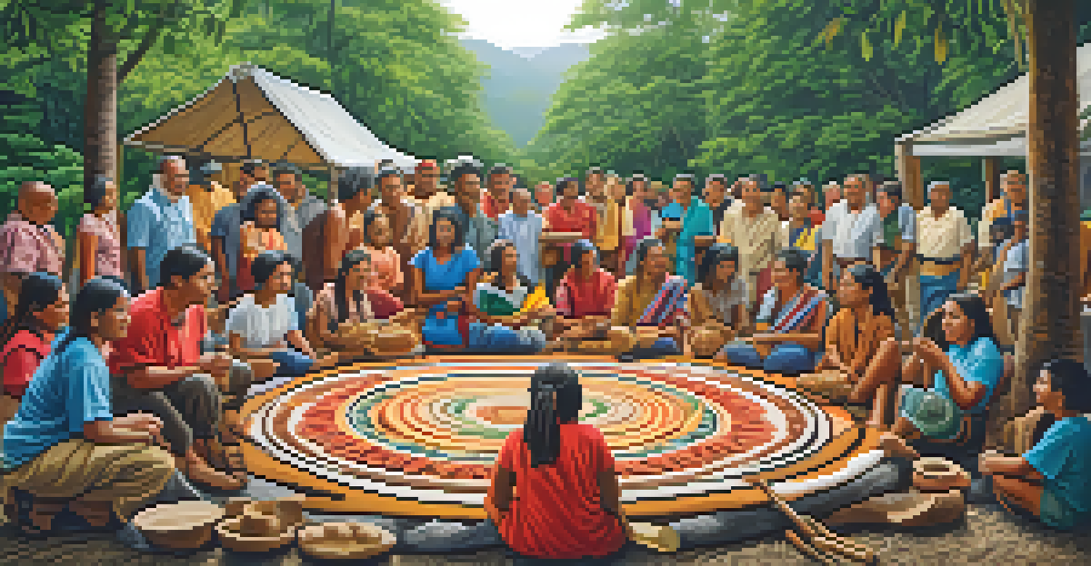 A vibrant outdoor community gathering with Indigenous artisans collaborating on a large carving project, surrounded by greenery and traditional clothing.