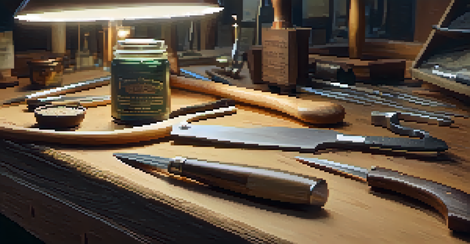 A jeweler's workspace with tools and a wax carving in warm lighting.