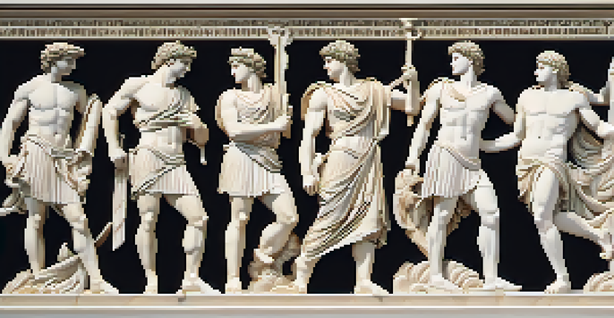 A detailed close-up of an ancient Greek frieze showcasing mythological figures carved in marble, illuminated by soft sunlight.