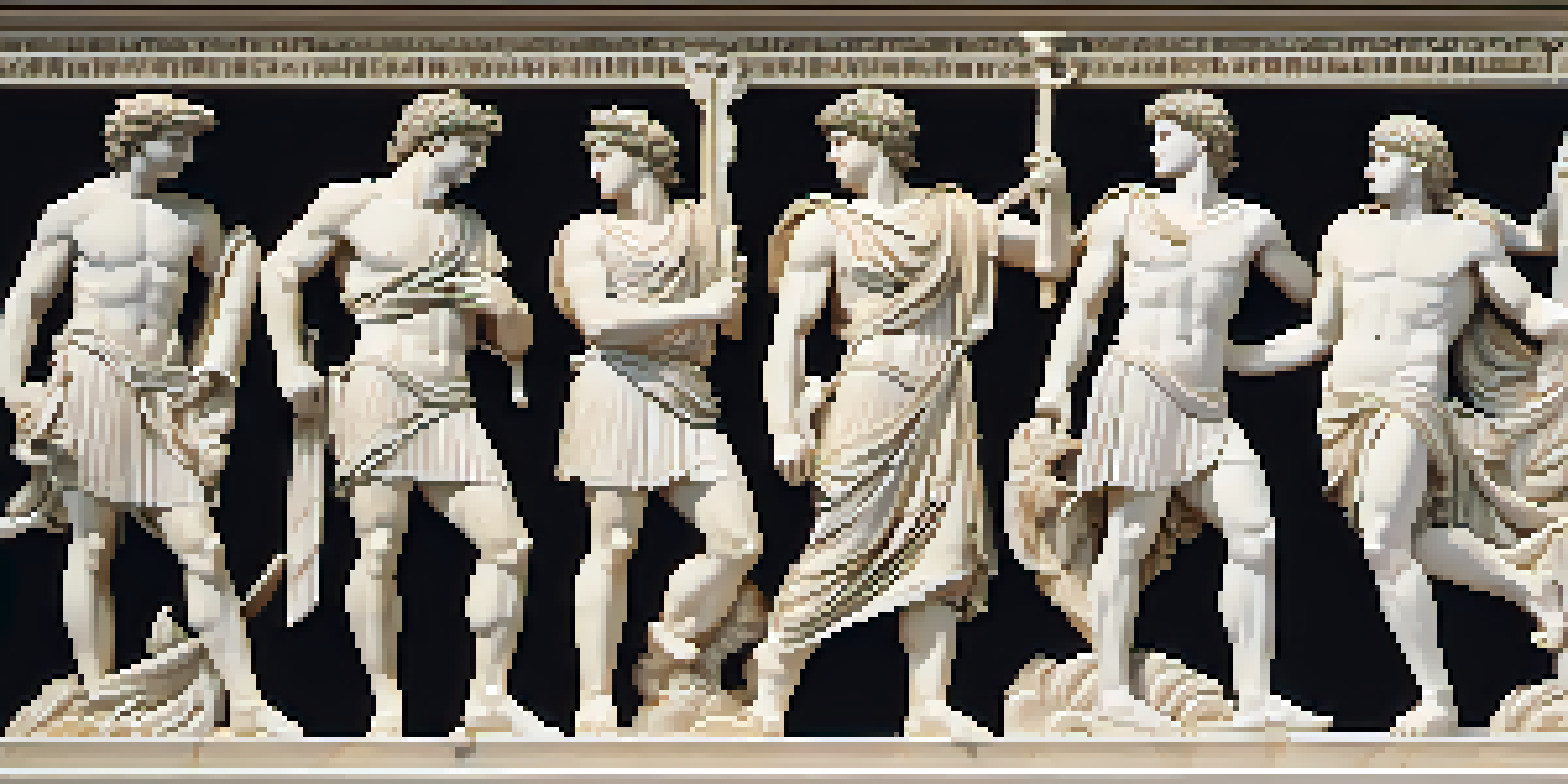 A detailed close-up of an ancient Greek frieze showcasing mythological figures carved in marble, illuminated by soft sunlight.