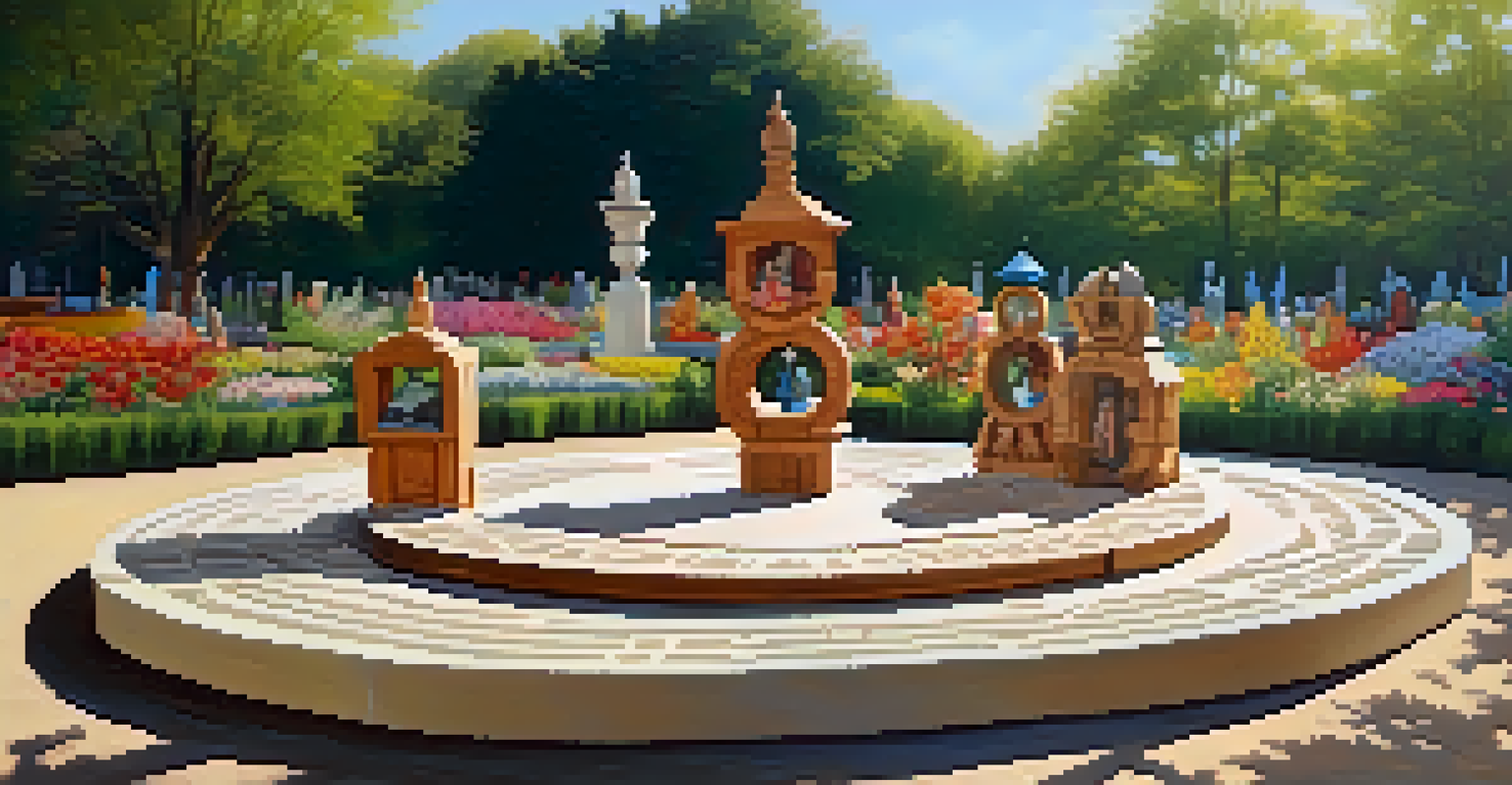 A circular arrangement of various carved sculptures in an outdoor exhibition, surrounded by flower beds and illuminated by soft sunlight.