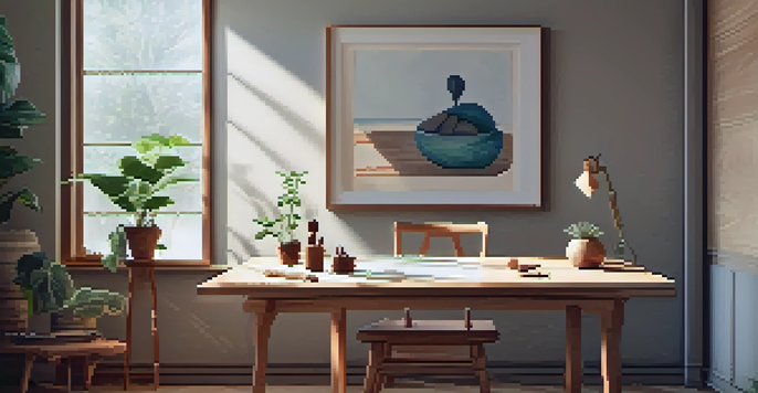 A peaceful carving space with tools on a wooden table, a chair, and a plant, bathed in soft lighting.