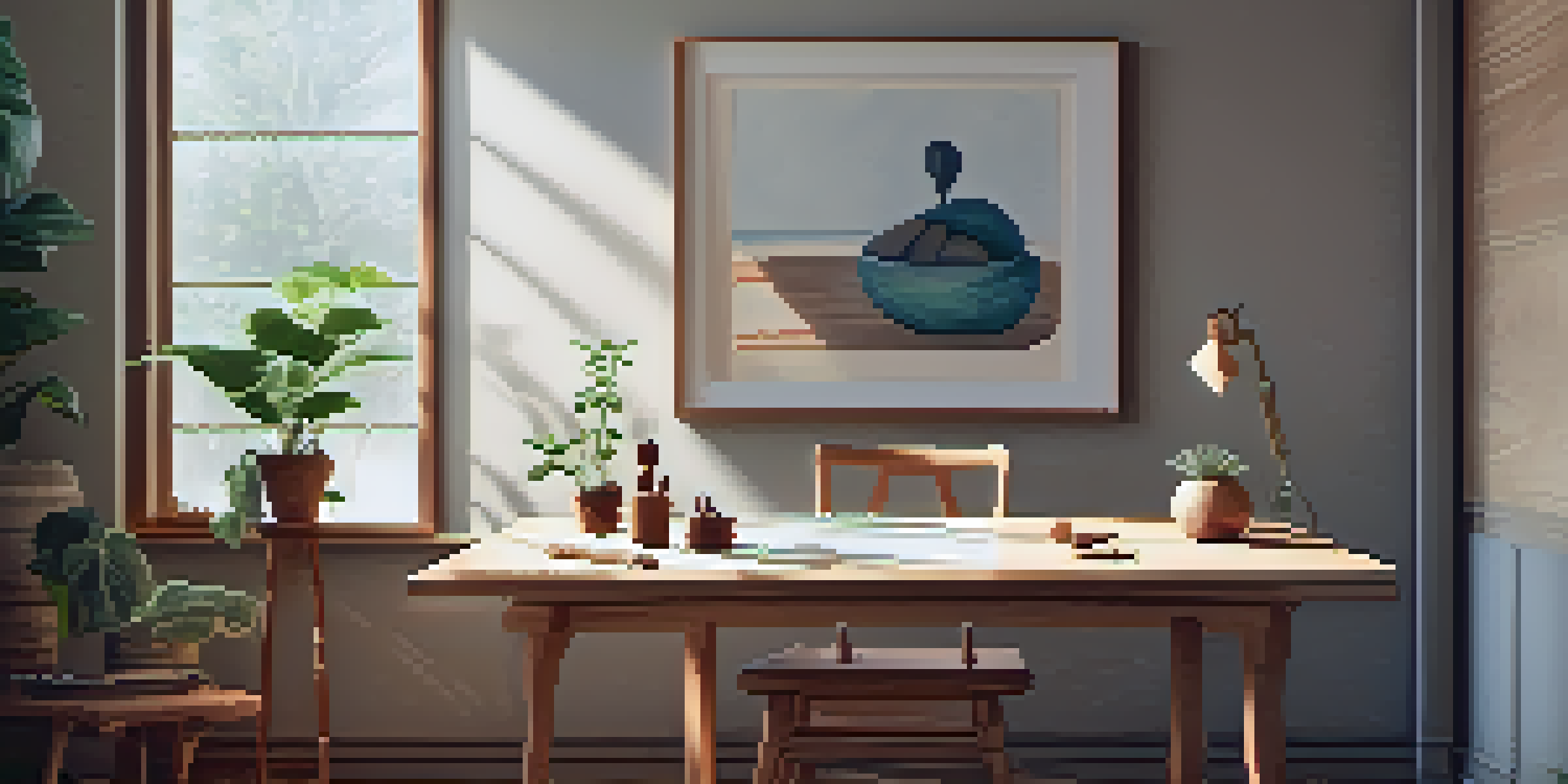 A peaceful carving space with tools on a wooden table, a chair, and a plant, bathed in soft lighting.