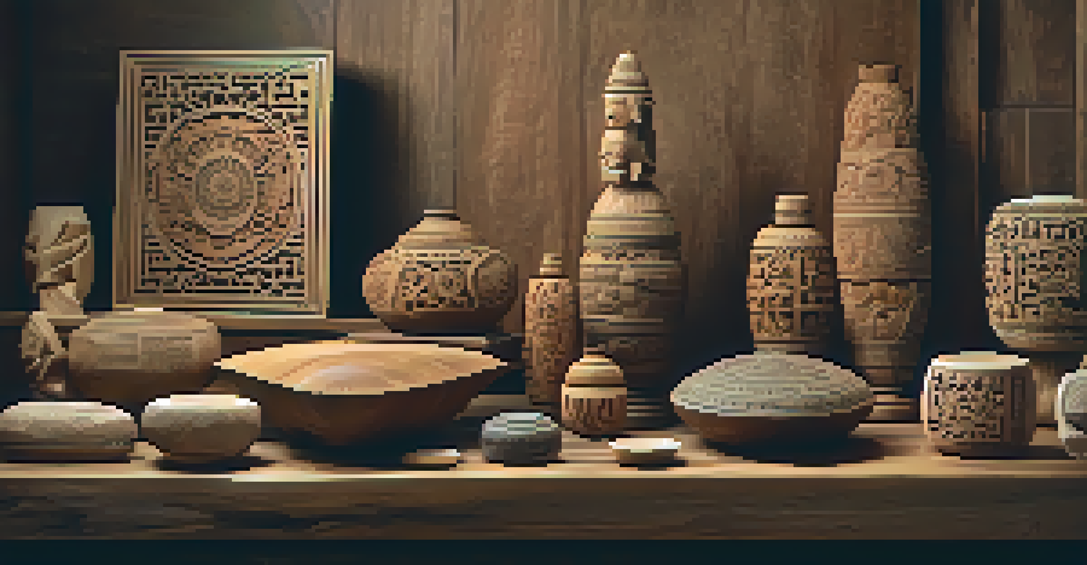 A display of traditional carvings from various cultures on a rustic wooden table with soft lighting.