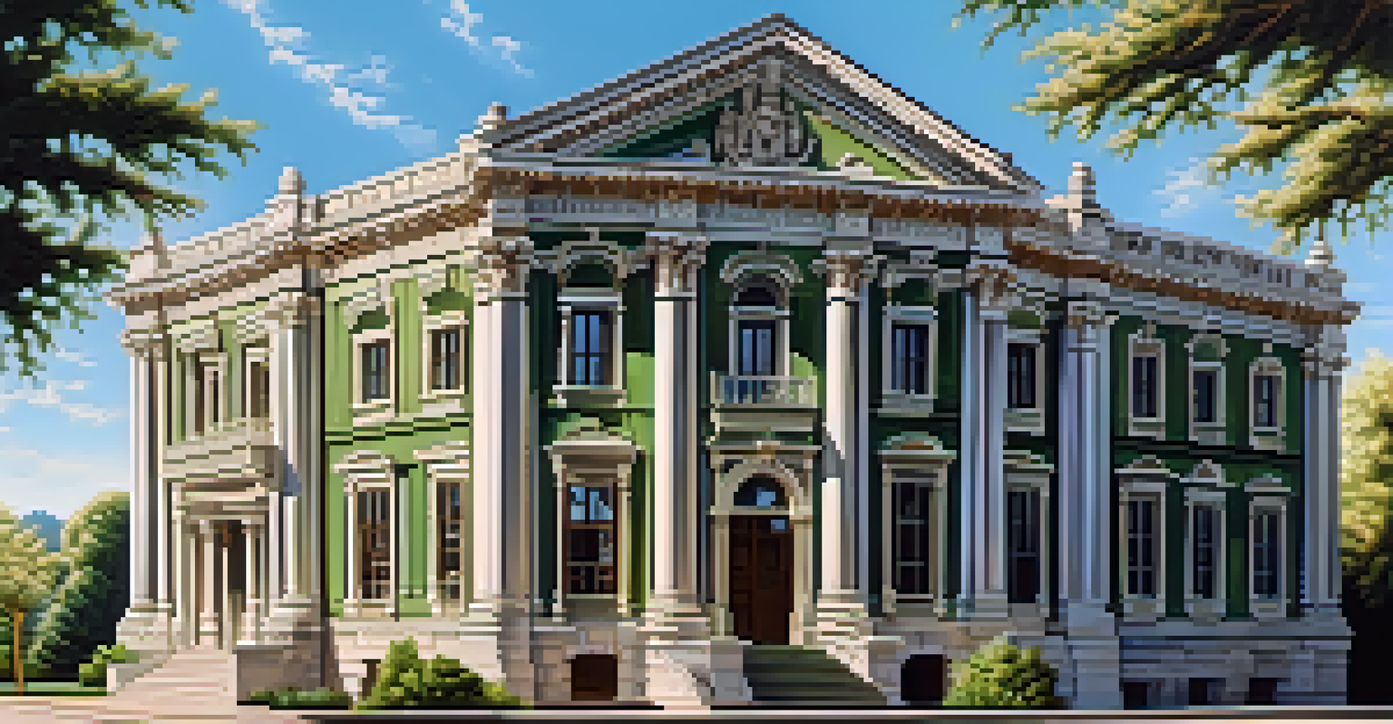 A historical building with detailed relief carvings on its facade, surrounded by trees and a blue sky.